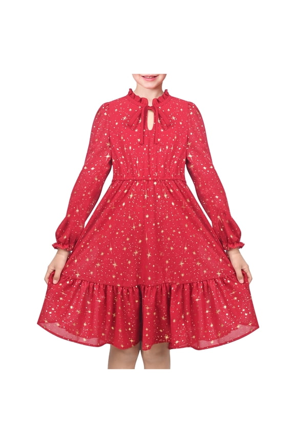 Girls Dress Crimson Golden Star Ruffle Collar Keyhole Tie Long Puff Sleeve Tiered Xmas 7 Years