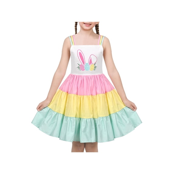 Sunny Fashion Girls Dress Easter Bunny Egg Rainbow Suspender Sleeveless Spring Summer 4 Years