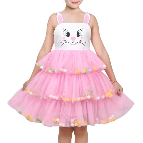 Sunny Fashion Girls Dress Easter Rabbit Bunny Face Pink Layered Ruffle Pom Party 7 Years
