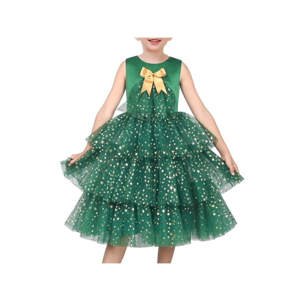 Sunny Fashion Girls Dress Emerald Green Gold Bow Star Tiered Tulle Christmas Holiday Winter 6 Years