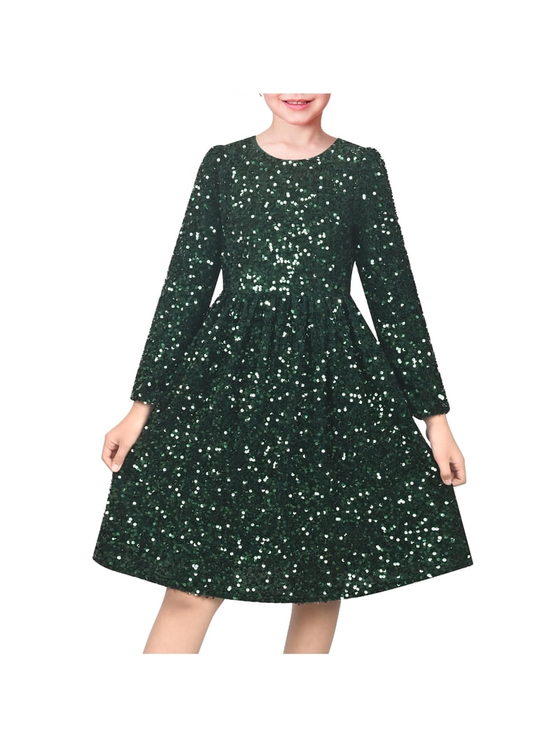Sunny Fashion Girls Dress Emerald Sparkle Sequin Long Sleeve Christmas Holiday New Year Celebration 5 Years, Women's, Green
