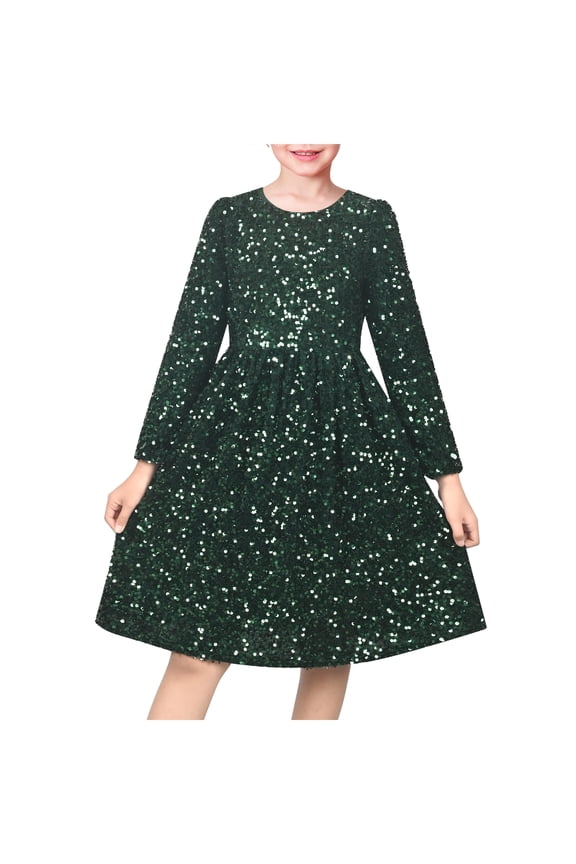 Girls Dress Emerald Sparkle Sequin Long Sleeve Christmas Holiday New Year Celebration 8 Years