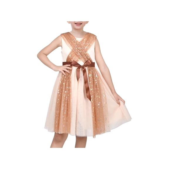 Sunny Fashion Girls Dress Glitter Tulle Cross Strap Star Moon Bow Belted Sleeveless Halloween 12 Years