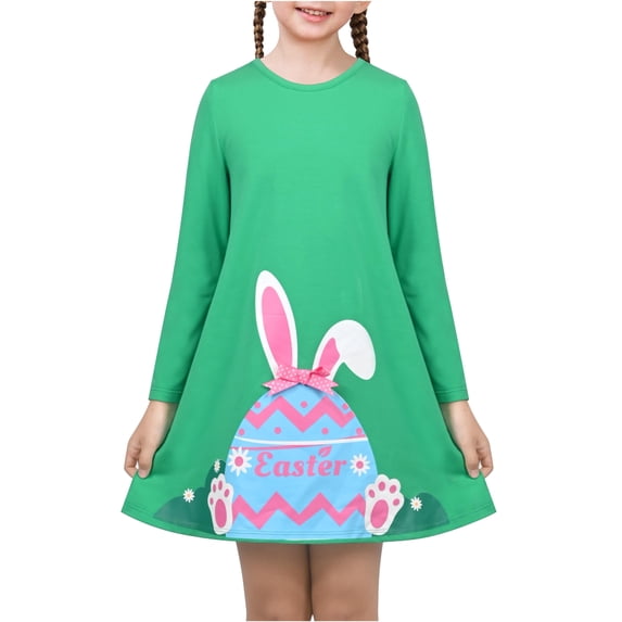 Sunny Fashion Girls Dress Green Easter Bunny Egg Bow Tie Long Sleeve Casual Cotton 4 Years