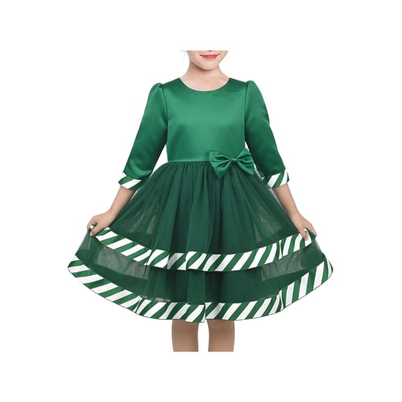 Sunny Fashion Girls Dress Green White Stripe Christmas Bow Tie Party Holiday 3/4 Sleeve 6 Years