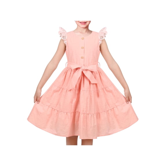 Sunny Fashion Girls Dress Lemonade Pink Polka Dot Lace Cap Sleeve Bow Summer Lovely 8 Years