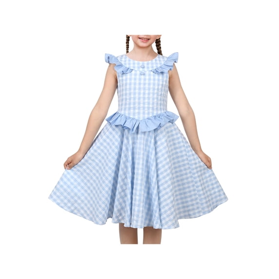 Sunny Fashion Girls Dress Light Gingham Plaid Waist Ruffle Cap Sleeve Party Summer 4 Years