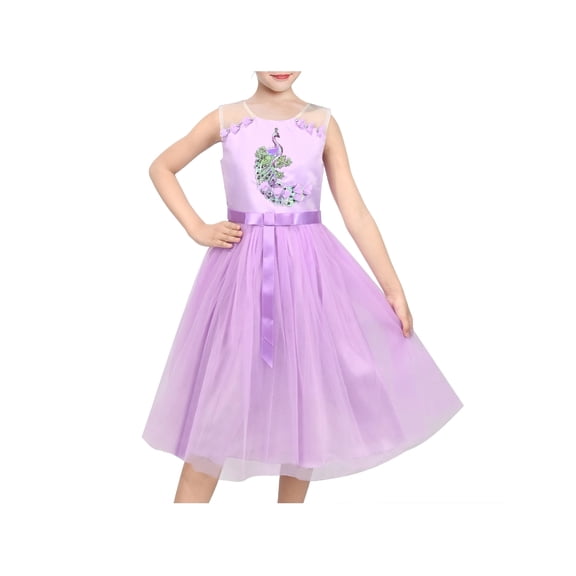 Sunny Fashion Girls Dress Lilac Peacock Embroidery Sequin 3D Floral Rhinestone Sheer Mesh Tulle Pageant 8 Years