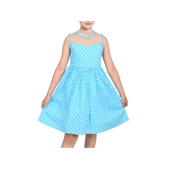 Sunny Fashion Girls Dress Pastel Sky Sleeveless Polka Dot Sheer Mesh Cotton Vintage Party Summer 7 Years