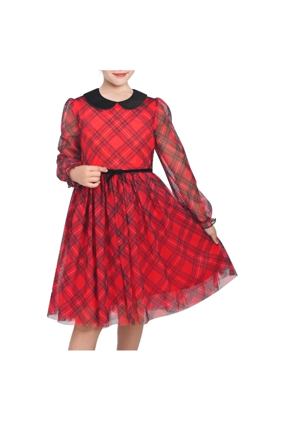 Girls Dress Plaid Tartan Collar Bow Belt Casual Festive Christmas Party Winter 8 Years