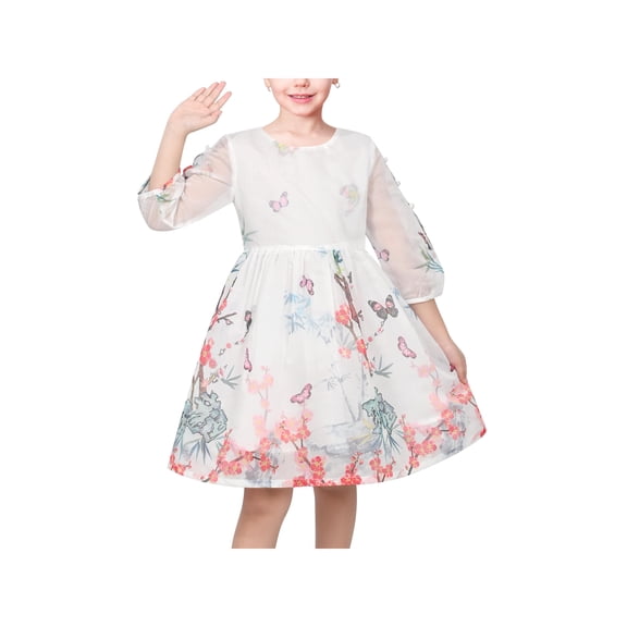 Sunny Fashion Girls Dress Plum Blossom Pearl Button Slit 3/4 Sleeves Back Bow Chinese Party 6 Years
