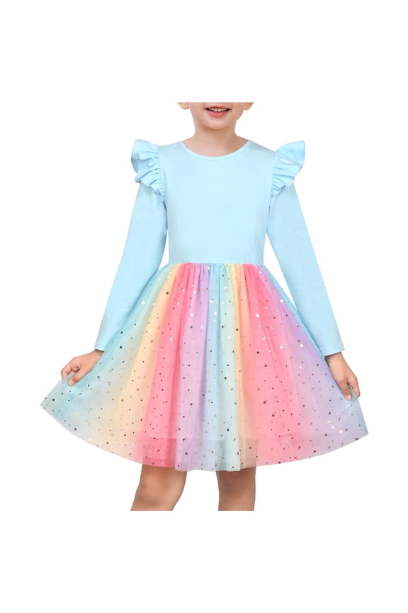 Girls Dress Rainbow Gradient Ruffle Shoulder Tulle Sparkly Gold Star Show Holiday Soft 4 Years