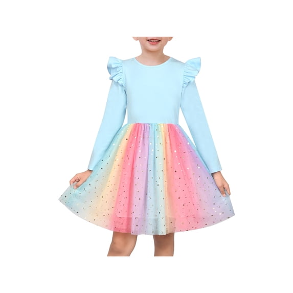 Sunny Fashion Girls Dress Rainbow Gradient Ruffle Shoulder Tulle Sparkly Gold Star Show Holiday Soft 6 Years