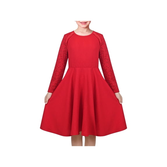 Sunny Fashion Girls Dress Red Lace Floral Hollow Back Formal Evening Long Sleeve 10 Years