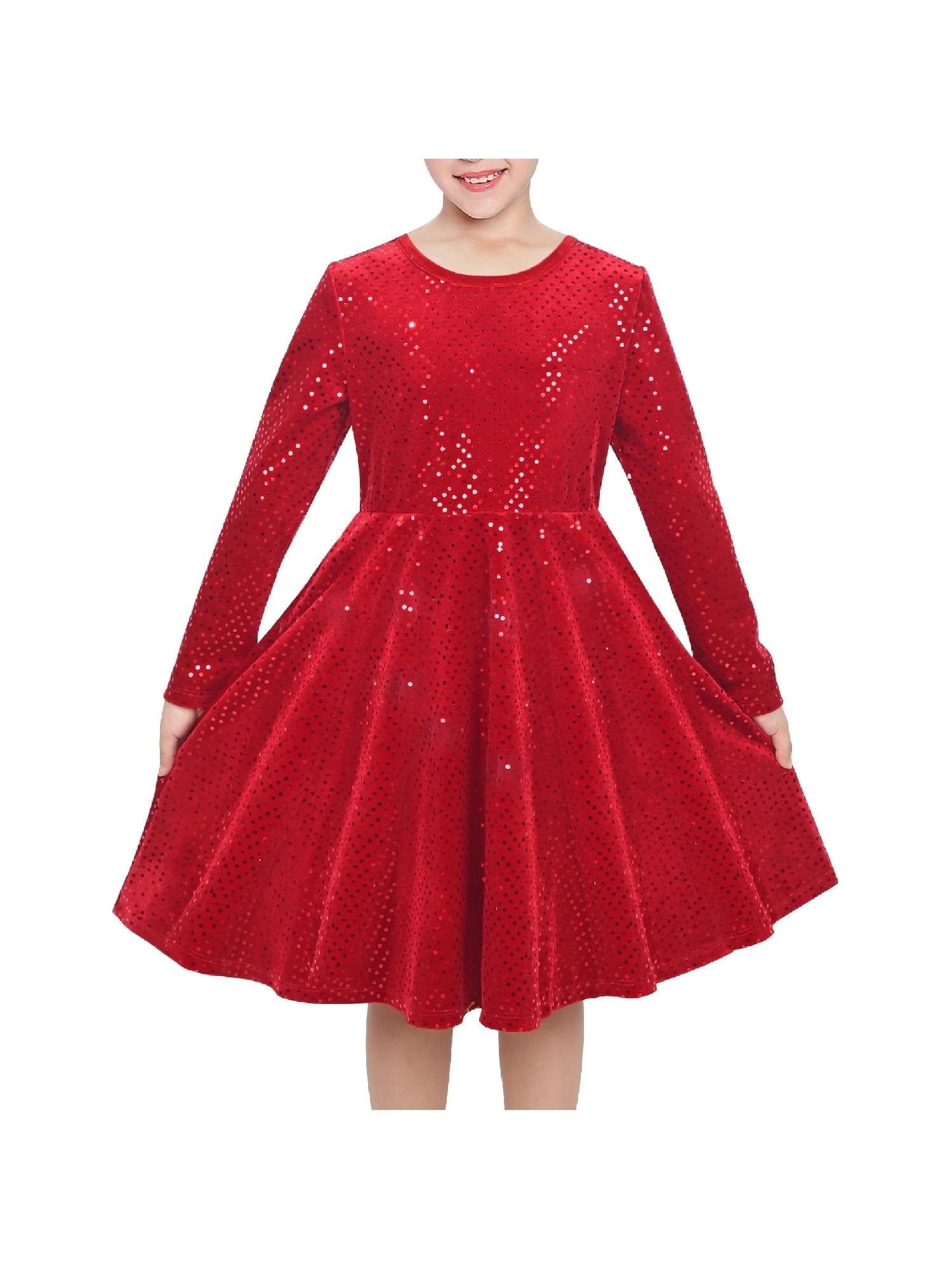 red christmas dress sparkly Sunny Fashion Girls Sequin Long Sleeve Pageant Festive Holiday Fall Winter 8 Years Color:Light Blue (7th Grade)
