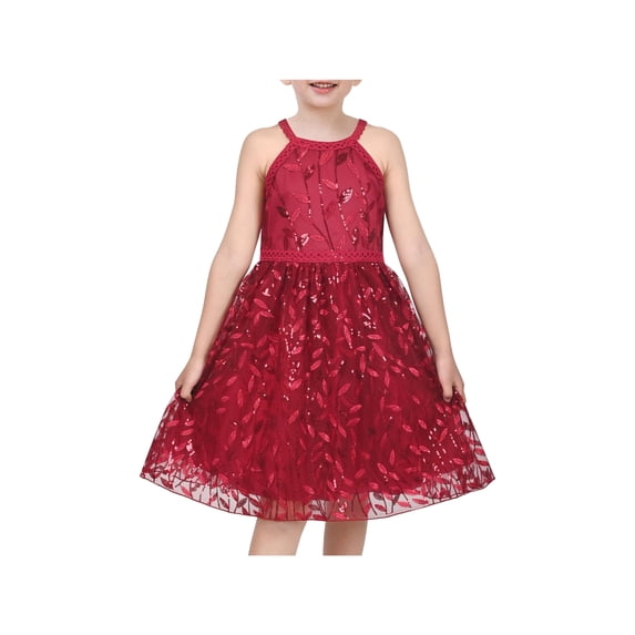 Sunny Fashion Girls Dress Ruby Red Halter Neck Mesh Sequin Leaf Embroidered Pageant 8 Years