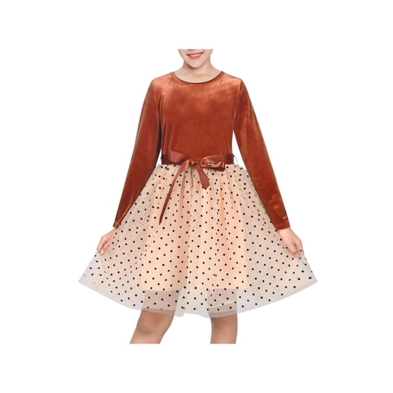 Sunny Fashion Girls Dress Rust Copper Velvet Polka Dot Plain Tulle Vintage Twirly Fall Holiday 7 Years