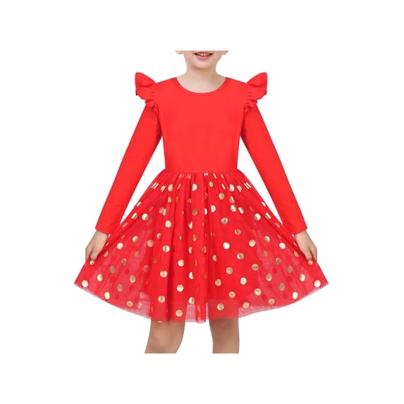 Sunny Fashion Girls Dress Scarlet Gold Polka Dot Tulle Twirly Ruffle Festive Christmas New Year 7 Years