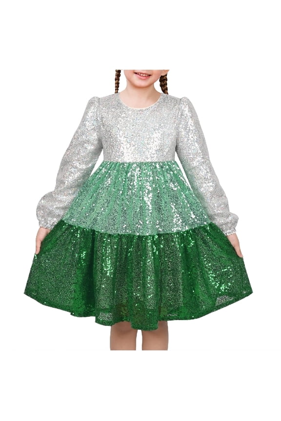 Girls Dress Silver Green Gradient Sequin Long Sleeve Tiered Festive Christmas Winter 7 Years