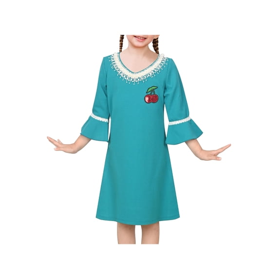 Sunny Fashion Girls Dress Solid Lace Trim Bell Sleeve Cherry Pearl A-Line Casual Daily Green 5 Years