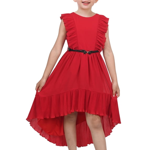 Sunny Fashion Girls Dress Solid Ruffle Cap Sleeve Belt Hi-lo Pageant Wedding Formal 7 Years