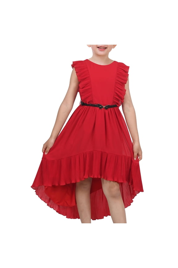 Girls Dress Solid Ruffle Cap Sleeve Belt Hi-lo Pageant Wedding Formal 7 Years