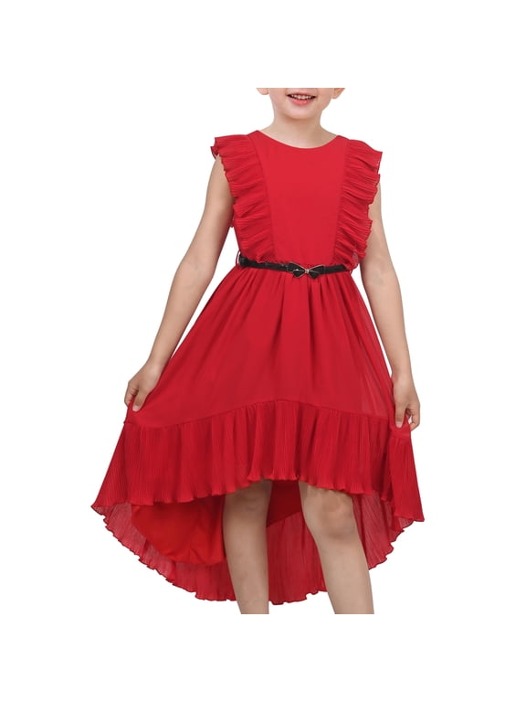 Girls Dress Solid Ruffle Cap Sleeve Belt Hi-lo Pageant Wedding Formal 8 Years