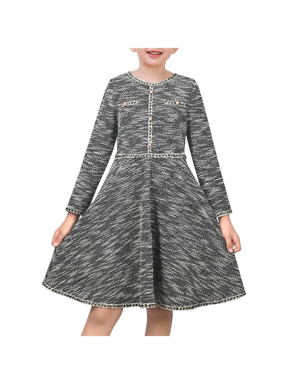 Girls Dress Tweed Houndstooth Pearl Button Knit Contrast Long Sleeve Chic Formal Elegant 10 Years
