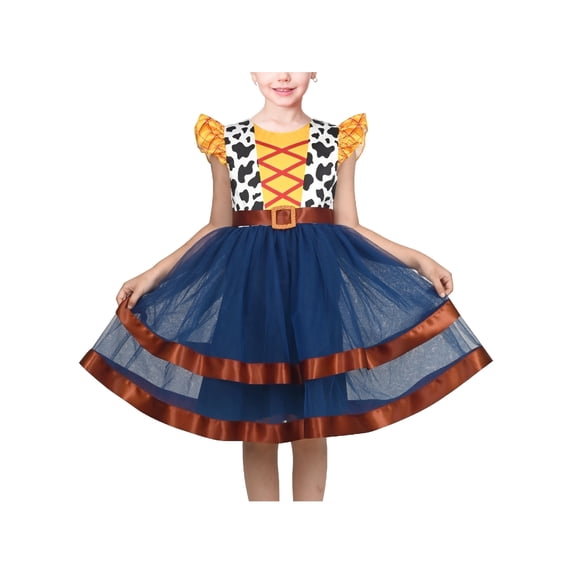Sunny Fashion Girls Dress Western Cowgirl Flutter Belted Tiered Tulle Outfit Halloween Party 8 Years