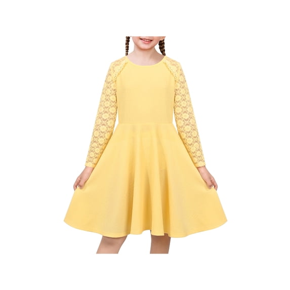 Sunny Fashion Girls Dress Yellow Long Sleeve Lace Trimmed Waffle Knit Flared Elegant Family Outfit 8 Years