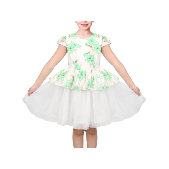 Sunny Fashion Girls Floral Peplum Dresses Tulle Green And White Short Cap Sleeve 8 Years