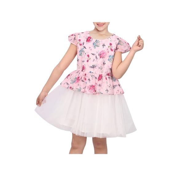 Sunny Fashion Girls Floral Peplum Dresses With Tulle, Pink And White Short Cap Sleeve, Knee Length 8 Years