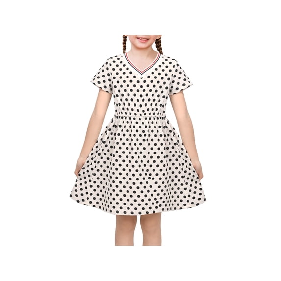 Sunny Fashion Girls Polka Dot Dresses Short Sleeve V-Neck Knee Length White With Black Dots Retro Casual Summer Daily 4 Years