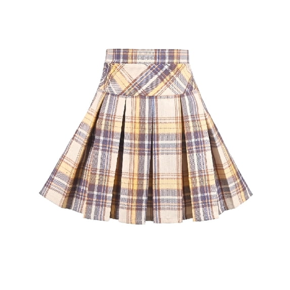 Sunny Fashion Girls Skirt Tan Mustard Gingham Pleated Elastic Student Everyday Outdoor Summer 7-8 Years