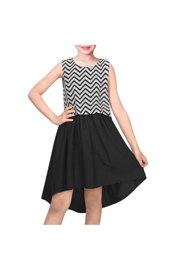 Girls' Sleeveless Chiffon Dress Black And White Zigzag Print High-Low Casual Summer Dresses 6 Years