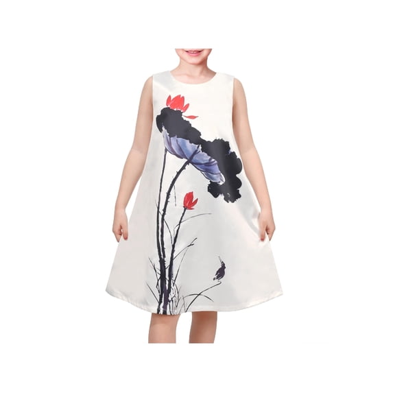 Sunny Fashion Girls Sleeveless Dress Ink Lotus Print A-Line Casual Summer Elegant Dresses 12 Years