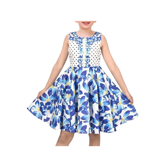 Sunny Fashion Girls Sleeveless Dress With Blue Floral Print And Polka Dot Casual Holiday 5 Years