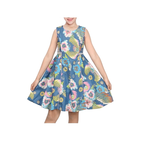 Sunny Fashion Girls Sleeveless Floral Print Cotton Dress Blue Casual Summer Dresses 4 Years