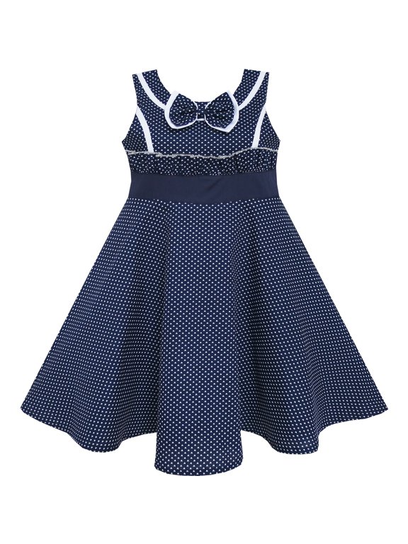 Girls' Sleeveless Sailor Collar Heart Print Bow Blue Cotton Dress