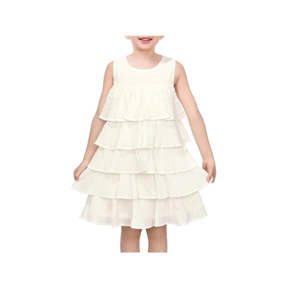 Sunny Fashion Girls Tiered Ruffle Dress, White Chiffon A-line Sleeveless Birthday Casual Dress 5 Years