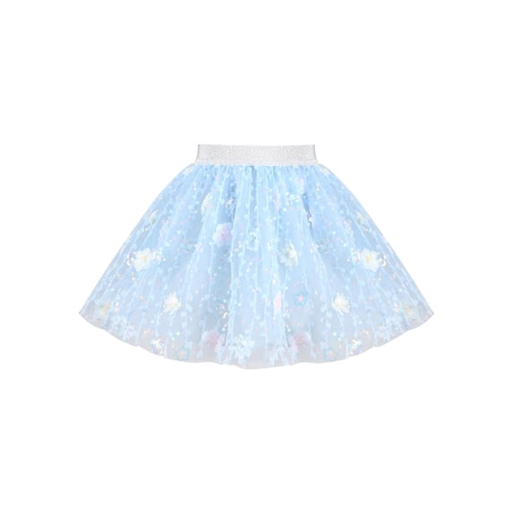 Sunny Fashion Girls Tulle Blue Mini Skirt 3D Floral Embroidery Sequin Princess Festival Summer 4-5 Years