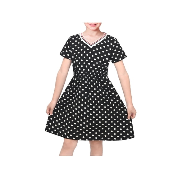 Sunny Fashion Polka Dot Dress For Girls Short Sleeve V-Neck Knee Length Black With White Dots Retro Casual Summer Daily 3 Years