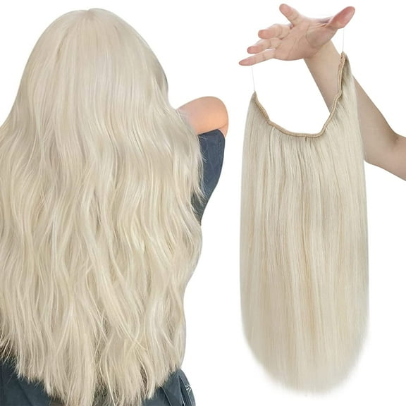 Sunny Fish Wire Hair Extensions Blonde Straight Invisible Wire Hair Extensions Blonde Adjustable Fish Line Extensions Platinum Blonde #60 Short Hair Wire Extensions Real Human Hair Remy 12inch 80g 12 Inch #60
