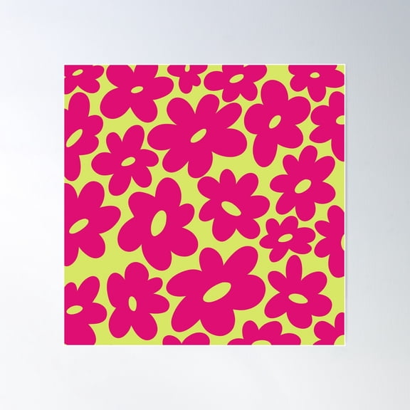 Sunny Flower Power - Pink And Green Poster Wall Art, Modern Wall Decor For Living Room Bedroom, 30x30 UNFRAMED