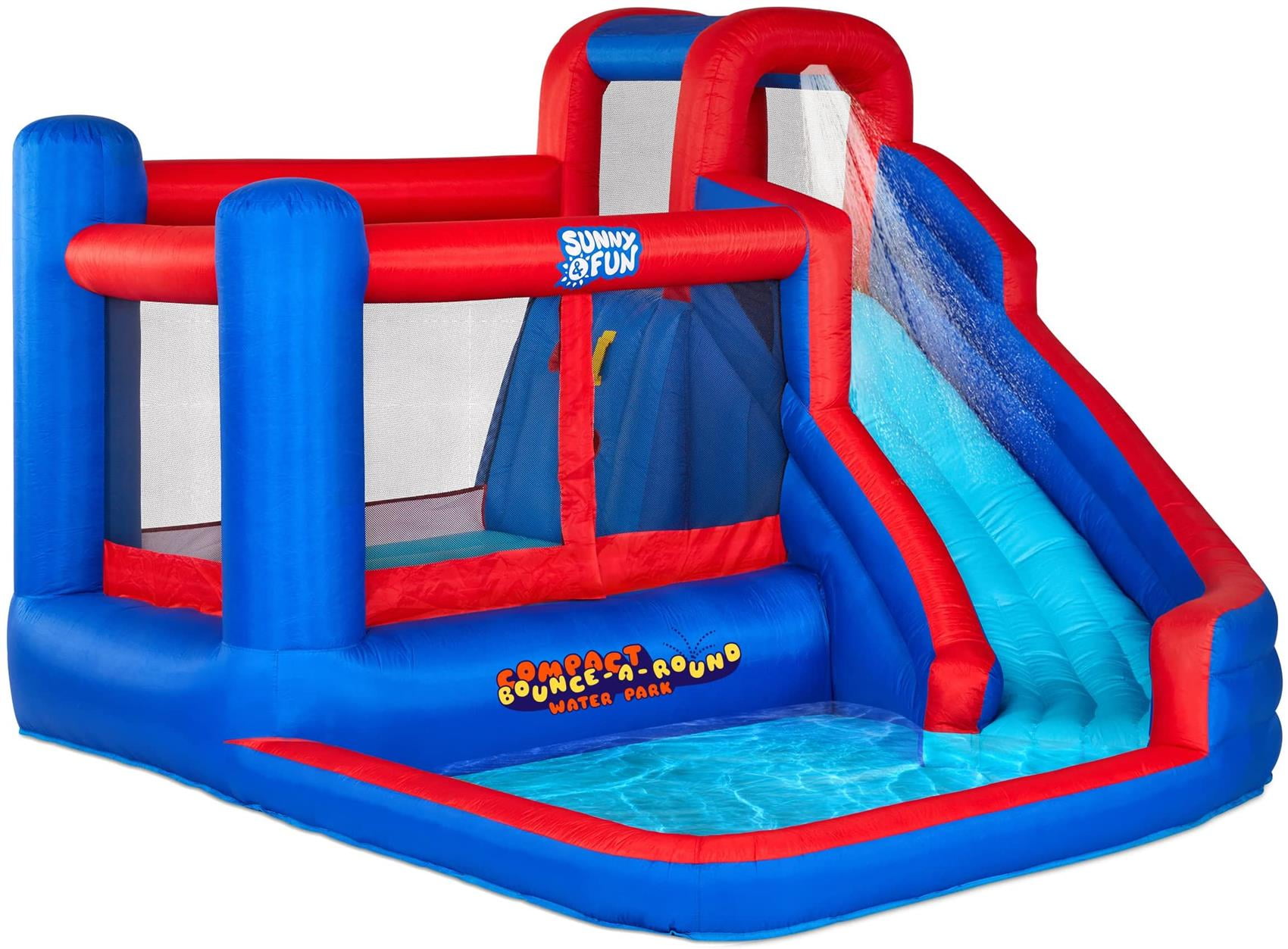 Sunny & Fun Bounce-A-Round Child Inflatable Water Slide Park with Bounce House for Outside - Blue