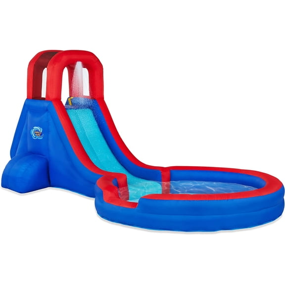 Sunny & Fun Inflatable Single Ring Water Slide Park  Heavy-Duty for Outdoor Fun - Climbing Wall, Slide & Deep Pool  Easy to Set Up & Inflate with Included Air Pump & Carrying Case