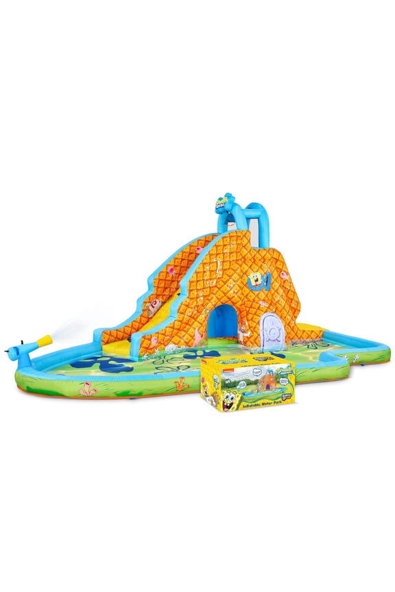 Fun SpongeBob Inflatable Waterslide with Climbing Wall, Splash Pool, and Blower