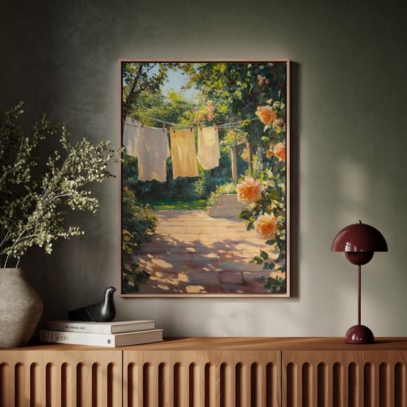 Live Art Roses Sunny Garden Art With Blooming Roses And Laundry On A Clothesline For ...