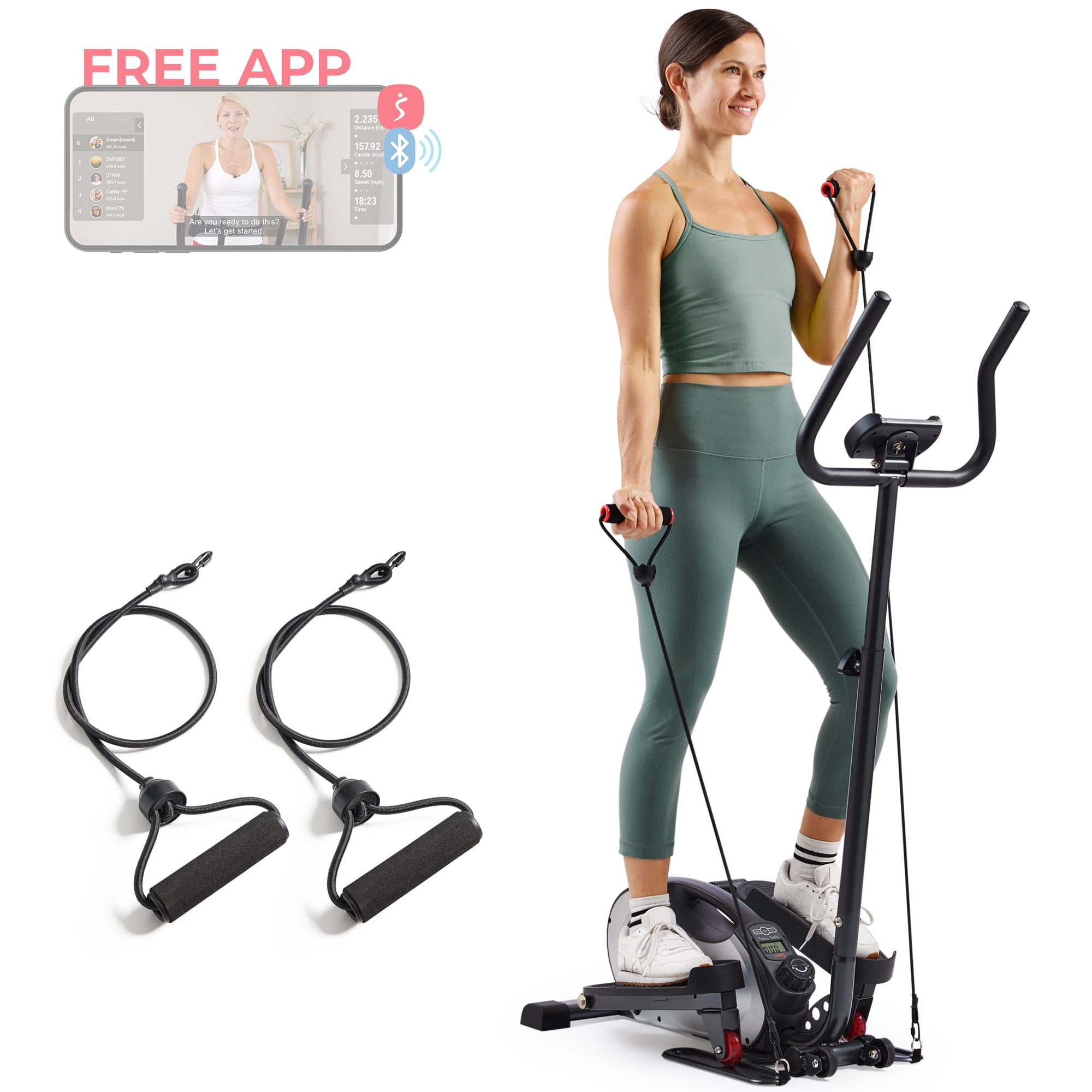 Sunny Health Fitness Compact Magnetic Elliptical Cross Trainer with Handlebar and Resistance Bands for Intense or Rehab Smart Bluetooth FREE SunnyFit App SF E323057 Walmart