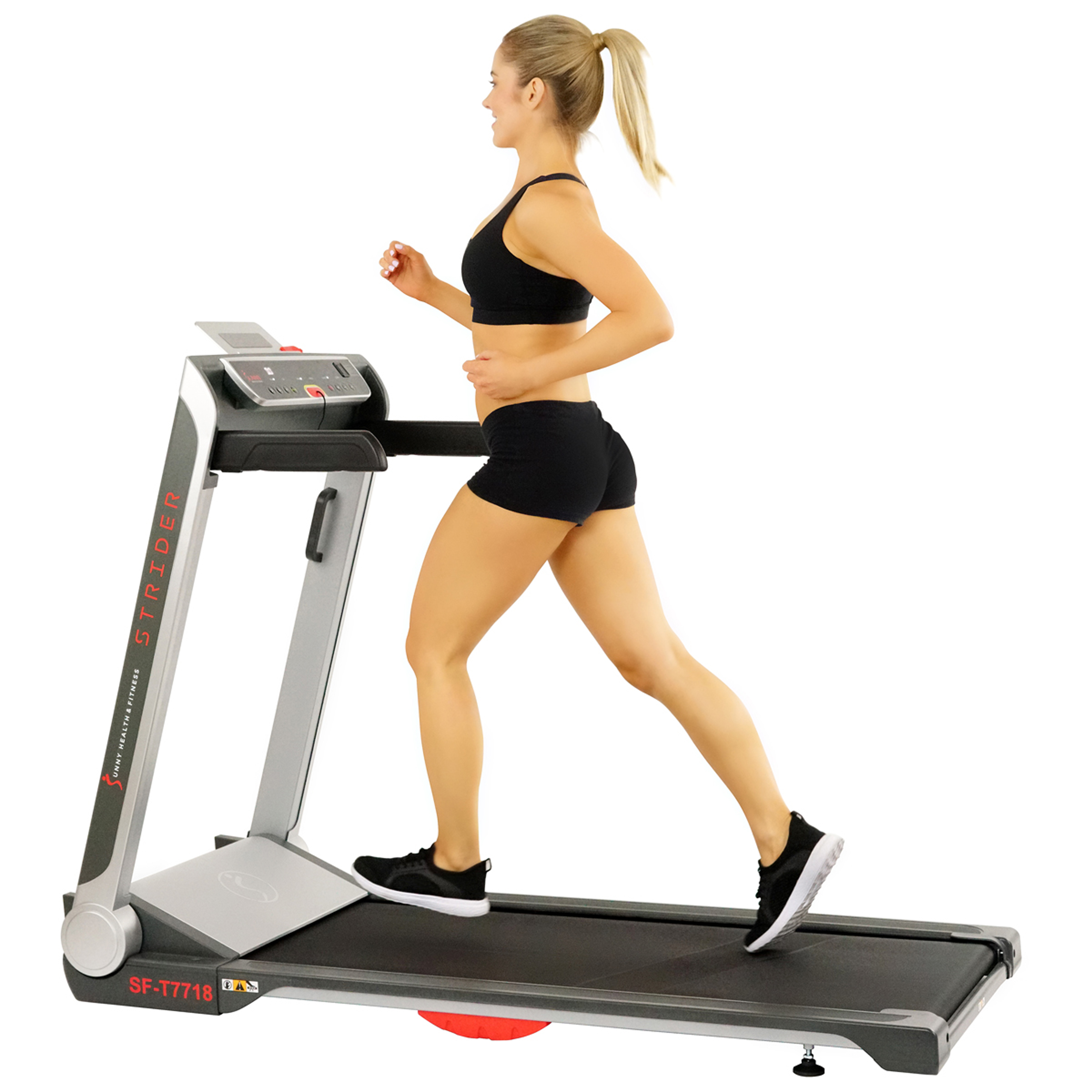Sunny Health & Fitness Motorized Folding Running Treadmill, 20" Wide Belt, Flat Folding & Low Profile for Portability with Speakers for USB and AUX Audio Connection - Strider, SF-T7718 - image 1 of 9